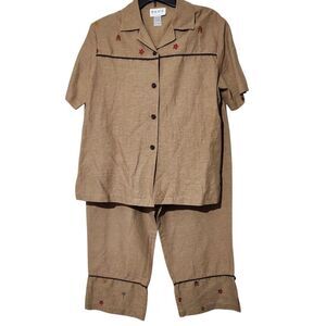 E.l.c.c Set Top And Pants Size Medium/Large Brown Embroidered Silk-Linen-Rayon